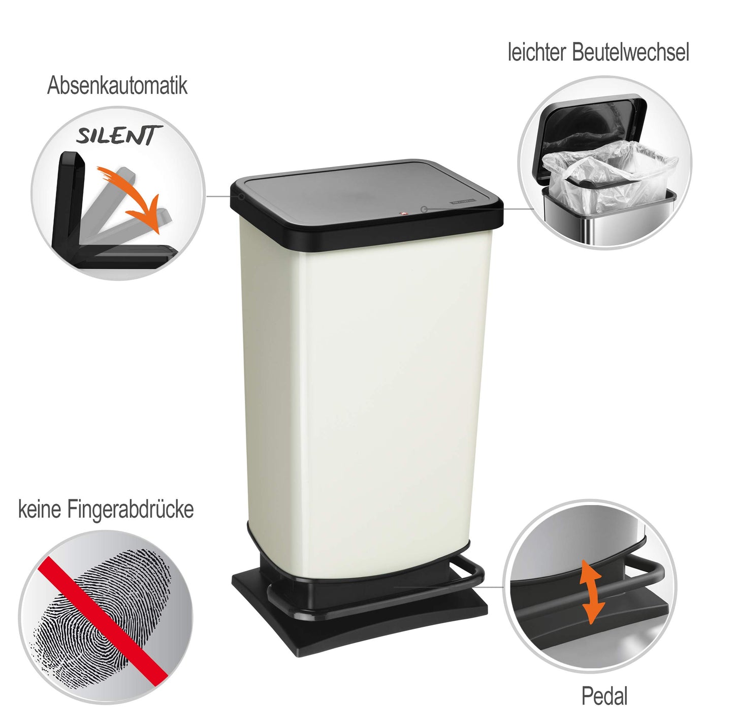 Rotho, Paso, Dustbin 40l with pedal and lid, Plastic (PP) BPA-free, silver hexagon, 40l (35,3 x 29,5 x 67,6 cm)