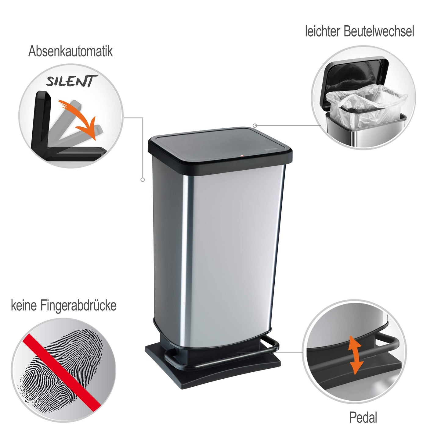 Rotho, Paso, Dustbin 40l with pedal and lid, Plastic (PP) BPA-free, silver hexagon, 40l (35,3 x 29,5 x 67,6 cm)