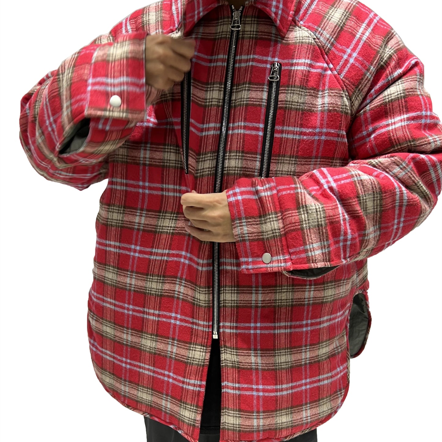 Men's Brushed Red Plaid Padded Zip Shirt Jacket