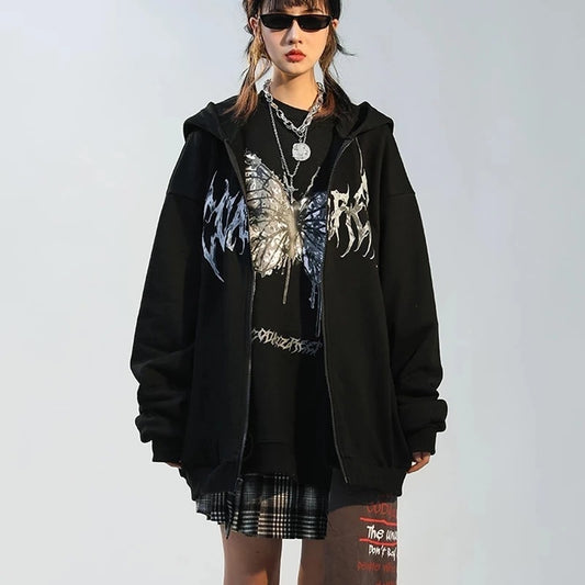 Women Hooded Zipper Alphabet Butterfly Sweater