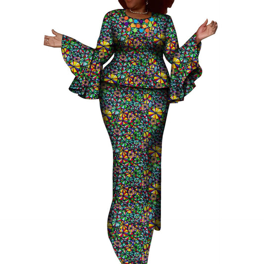 African Ethnic Women's Cerecloth Long Dress Suit