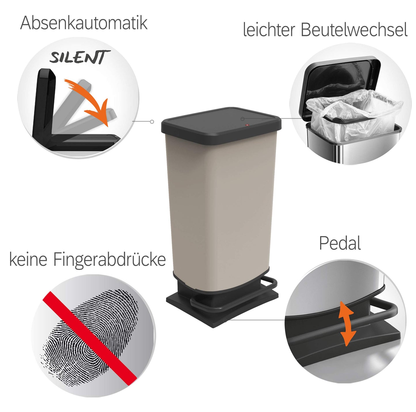 Rotho, Paso, Dustbin 40l with pedal and lid, Plastic (PP) BPA-free, silver hexagon, 40l (35,3 x 29,5 x 67,6 cm)