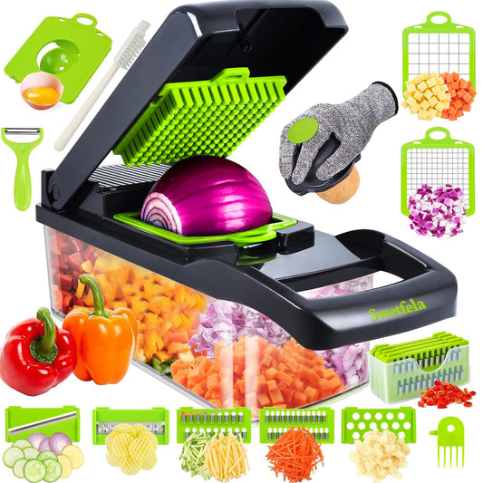 Swetfela 18 In 1 Vegetable Chopper, Mandoline Vegetable Slicer Multifunctional, Chopper Vegetable Cutter with 7 Blades, Mitten, Cleaning Brush and Peeler, Food Chopper for Cutting Vegetables and Fruit