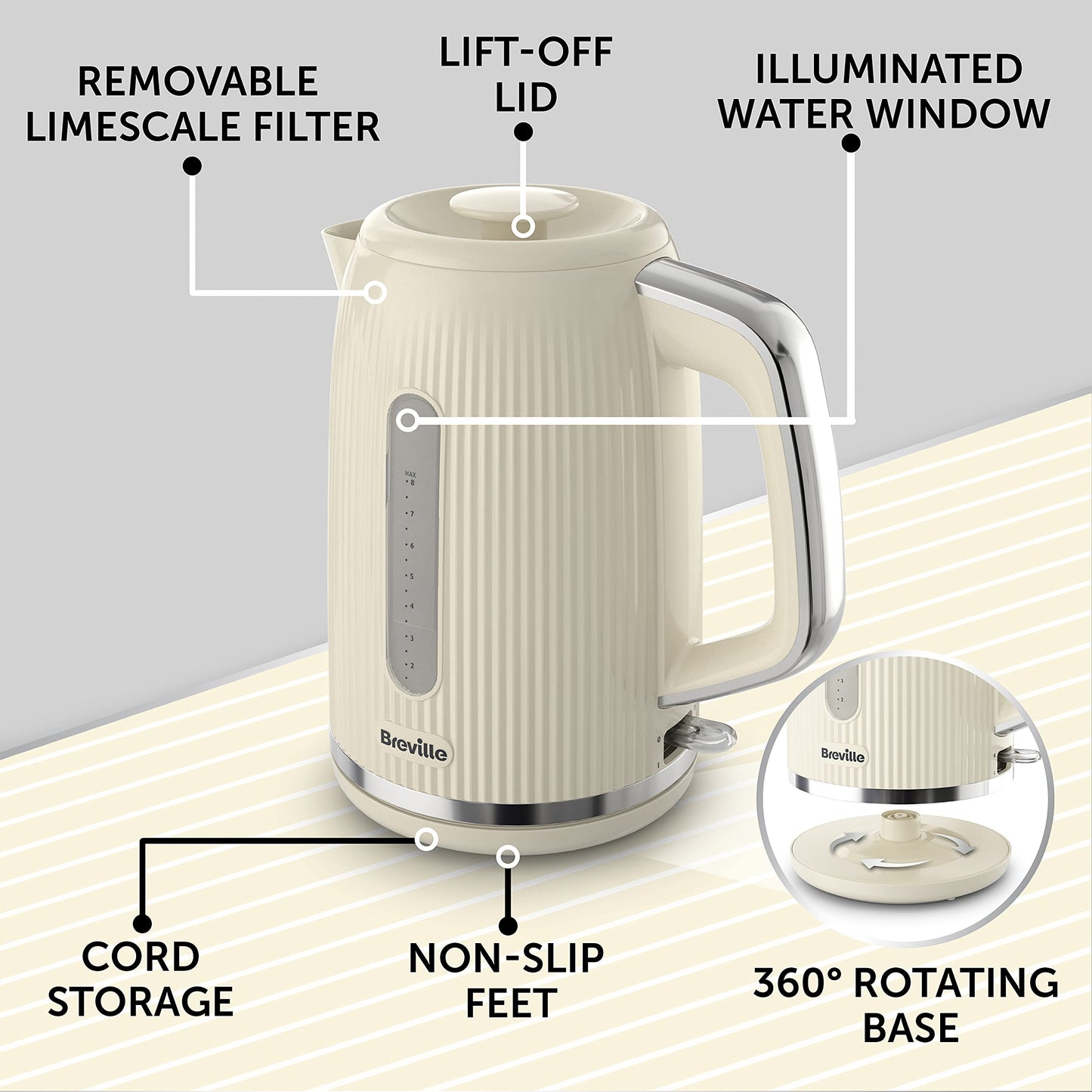 Breville Bold Cream Kettle and Toaster Set | with 1.7 Litre, 3KW Fast-Boil Electric Kettle and 2-Slice High-Lift Toaster | Cream and Silver Chrome [VKT223 and VTR003]