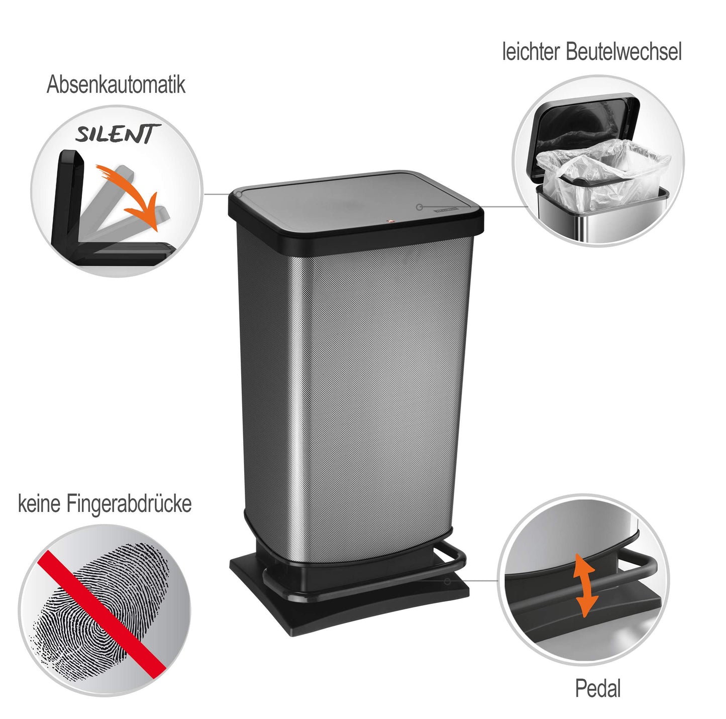 Rotho, Paso, Dustbin 40l with pedal and lid, Plastic (PP) BPA-free, silver hexagon, 40l (35,3 x 29,5 x 67,6 cm)