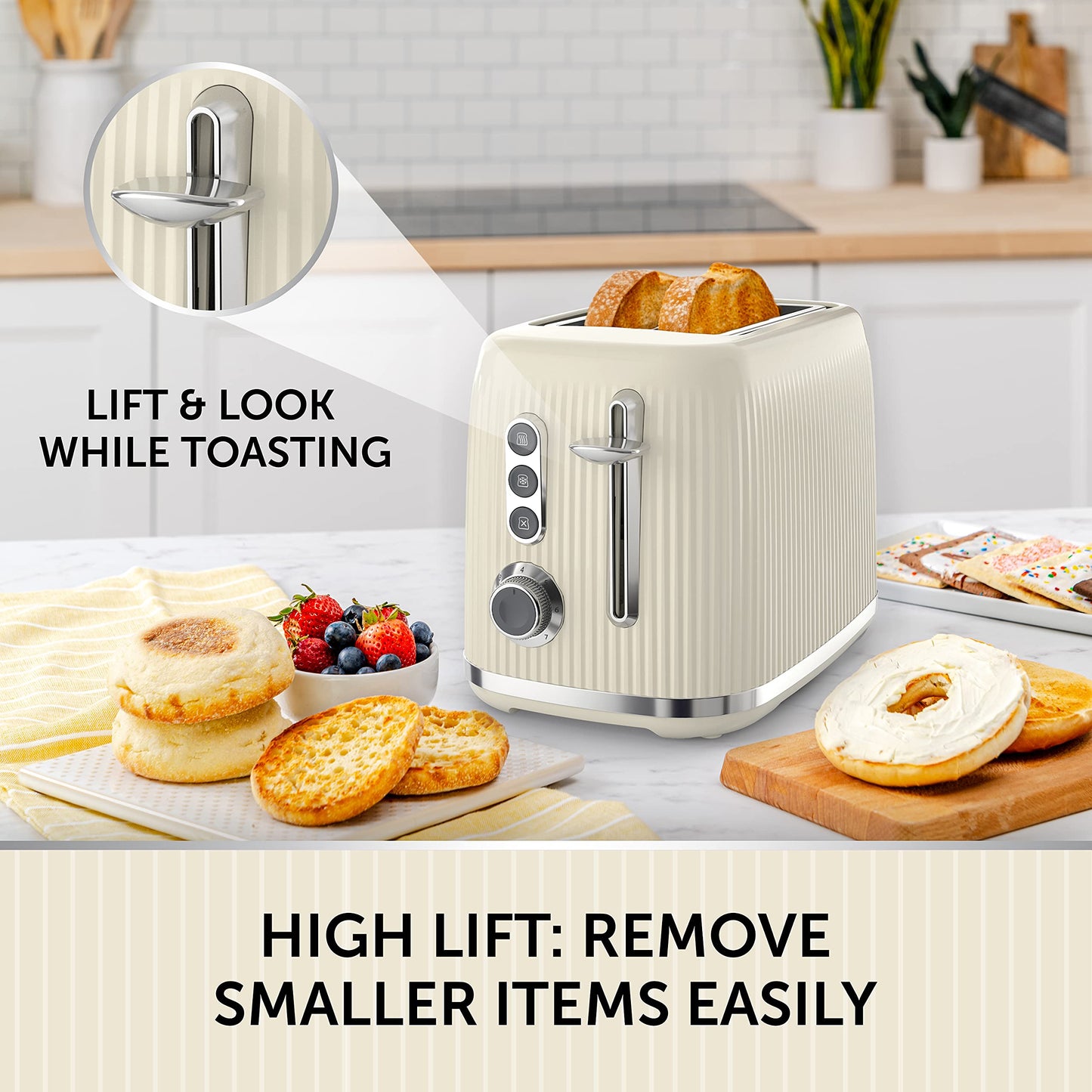 Breville Bold Cream Kettle and Toaster Set | with 1.7 Litre, 3KW Fast-Boil Electric Kettle and 2-Slice High-Lift Toaster | Cream and Silver Chrome [VKT223 and VTR003]