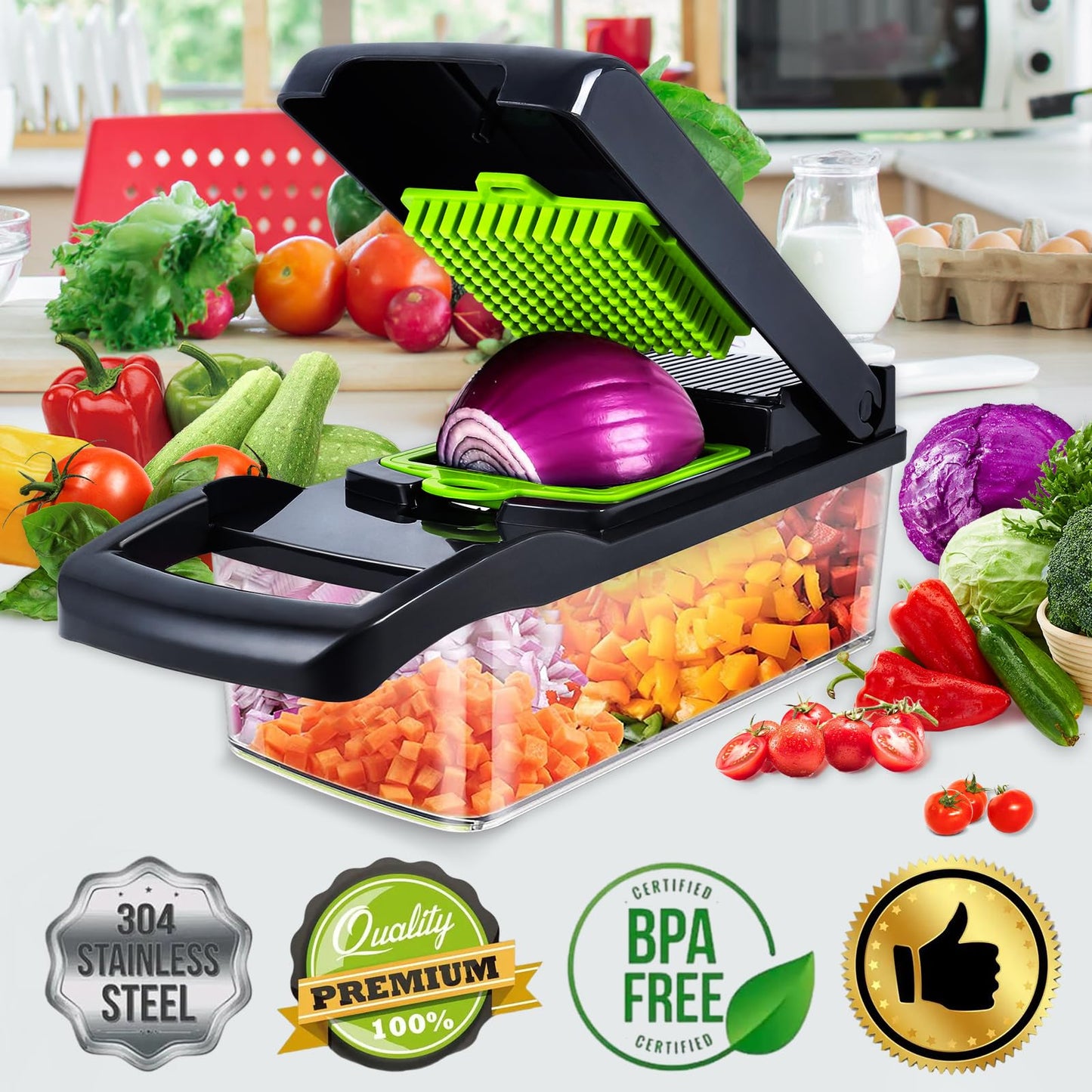 Swetfela 18 In 1 Vegetable Chopper, Mandoline Vegetable Slicer Multifunctional, Chopper Vegetable Cutter with 7 Blades, Mitten, Cleaning Brush and Peeler, Food Chopper for Cutting Vegetables and Fruit