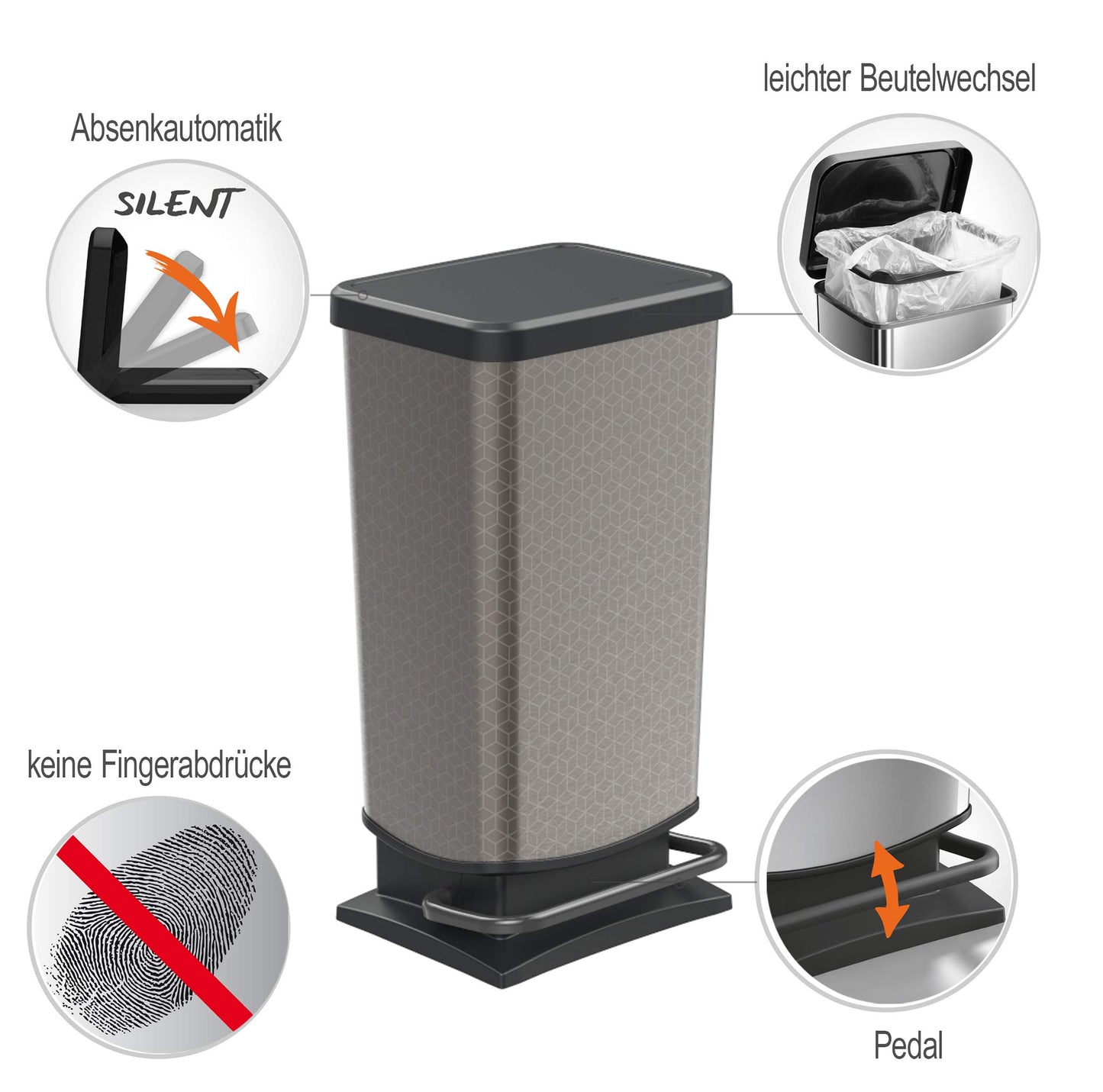 Rotho, Paso, Dustbin 40l with pedal and lid, Plastic (PP) BPA-free, silver hexagon, 40l (35,3 x 29,5 x 67,6 cm)