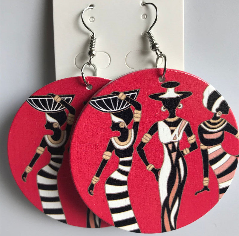 African pattern geometric round wooden earrings