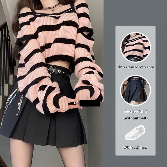 Striped Sweater Pleated Skirt Suit Women