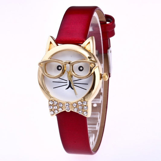 Light board mechanical cat glasses watch cat face small belt children watch cartoon student watch