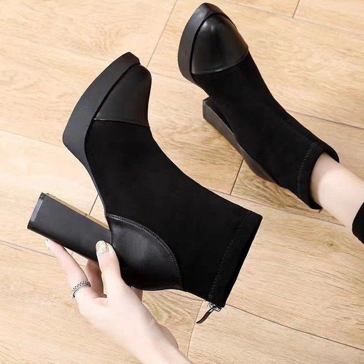 Patchwork Pointed-toe High Heel Short Boots Fashion Back Zipper