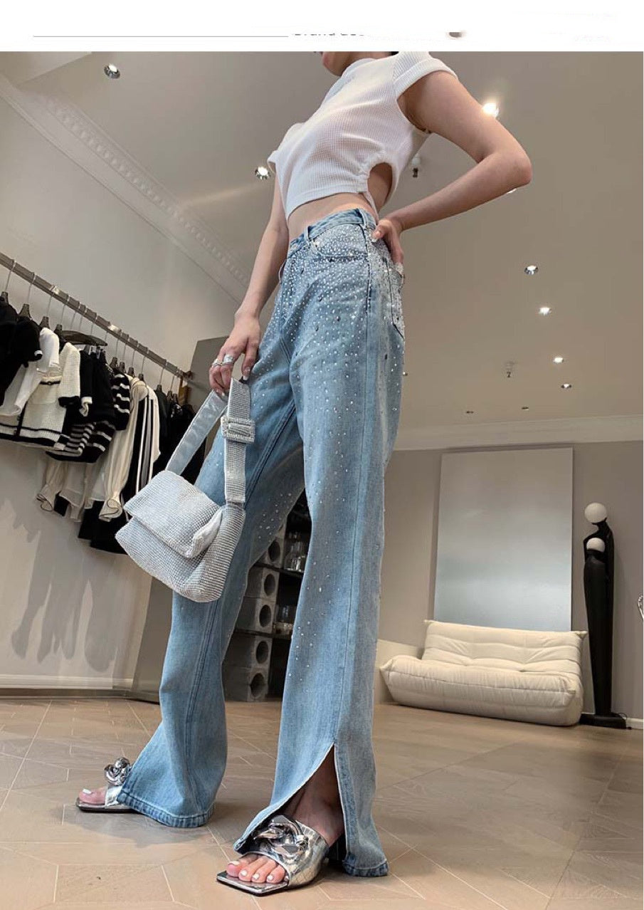 High Waist Rhinestone Split Slightly Flared Jeans Female