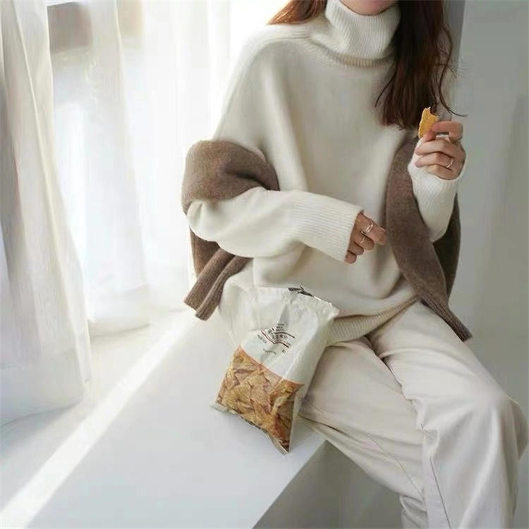 Turtleneck Pure Cashmere Sweater Women Thick Sweater Loose