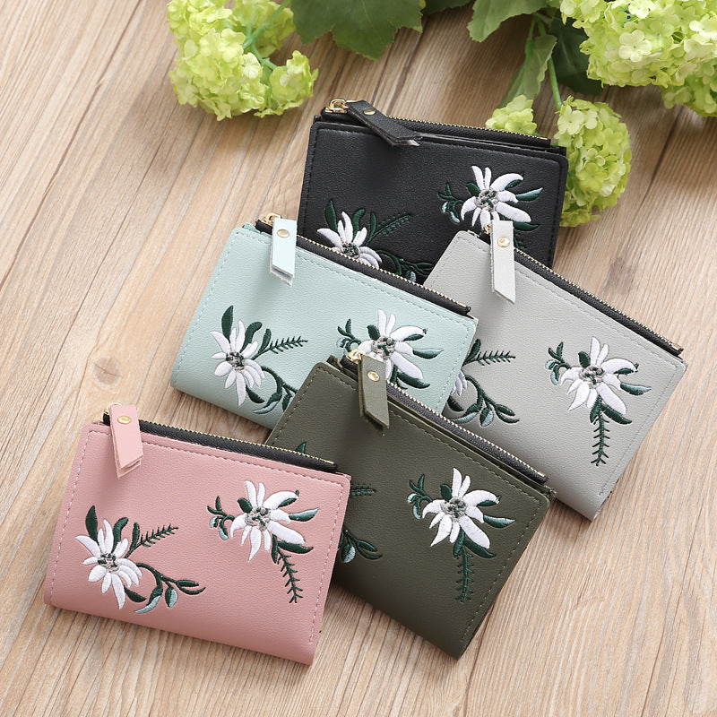 Women's embroidered thin zipper purse