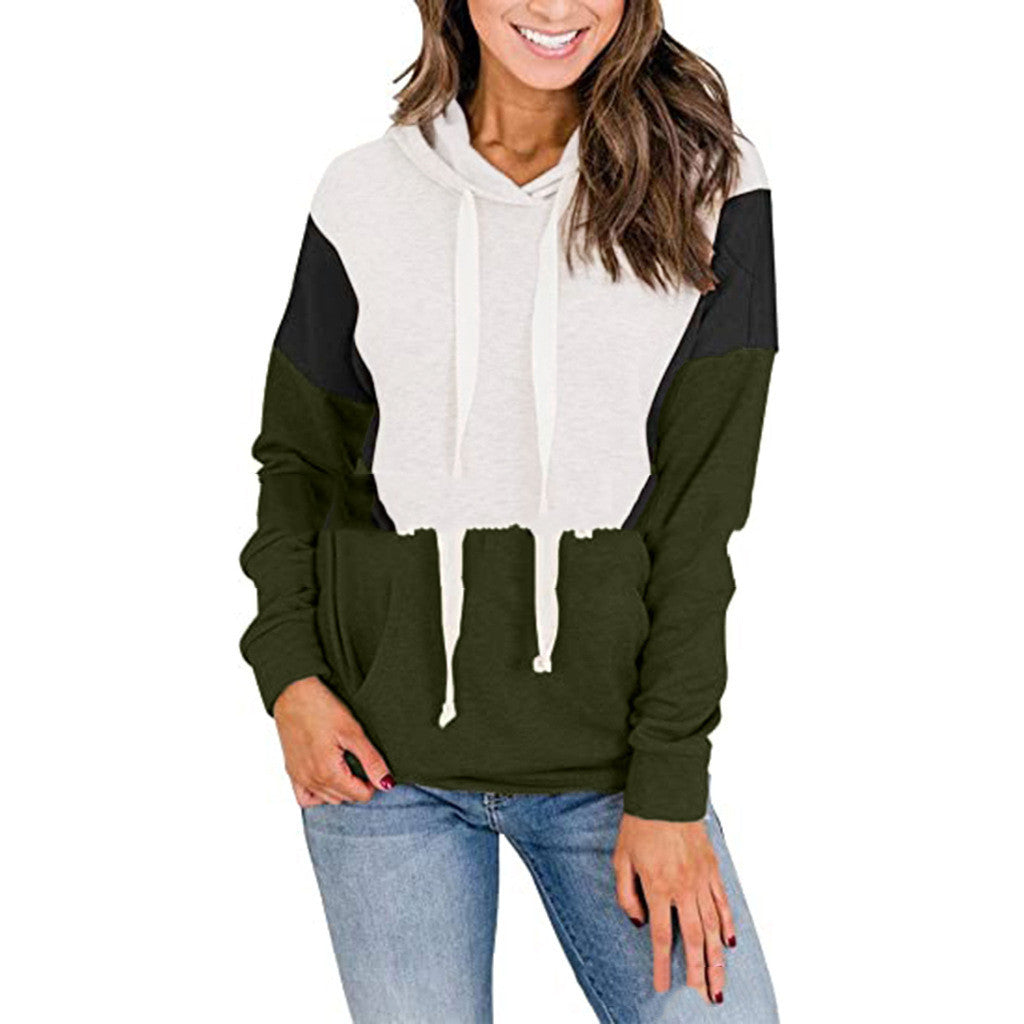 Stitching contrast color hooded sweater women