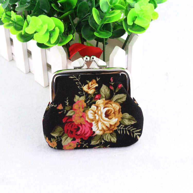 Canvas Rose Mini Coin Purse Women's Fabric Buckle Coin Bag Cute Small Purse