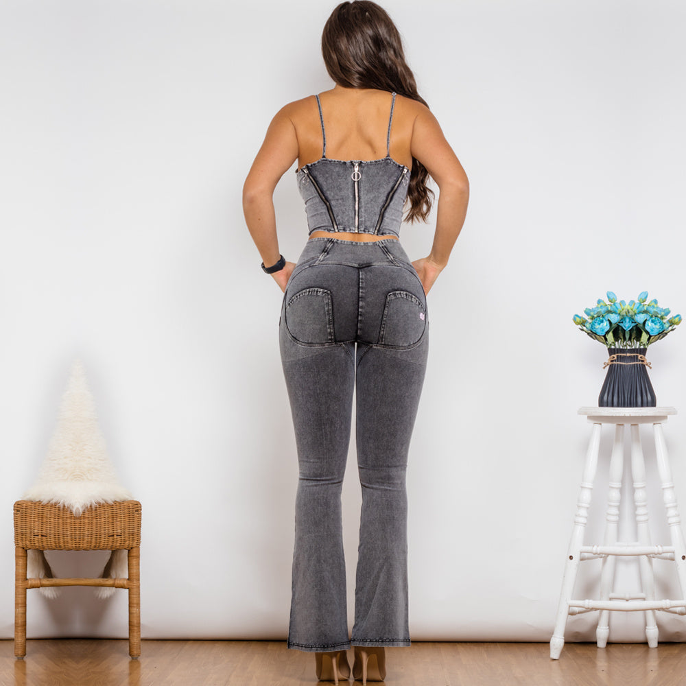 Shascullfites Shaper Suit Bodysuit Zipper Push Up Top Grey Jeans Top High Waist Flare Jeans Set Woman 2 Pieces