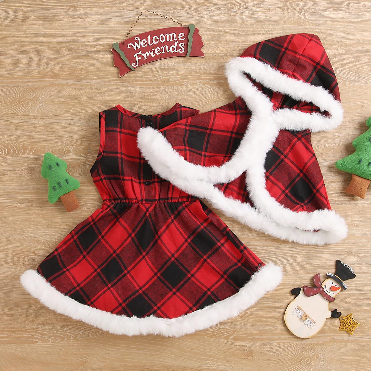 Girls Christmas Plaid Cape Dress Set