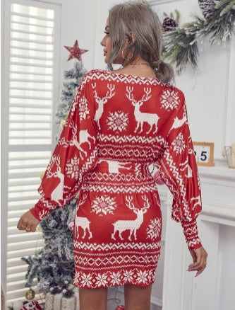 Christmas Print Long Sleeve Casual Dress