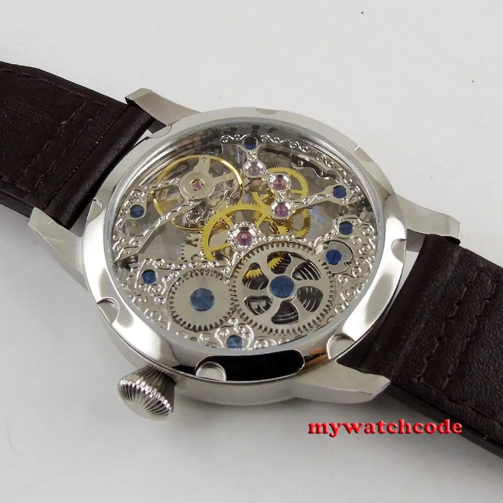 PARNIS Luxury 44mm Skeleton Hollow Dial Mechanical Hand Winding 6497