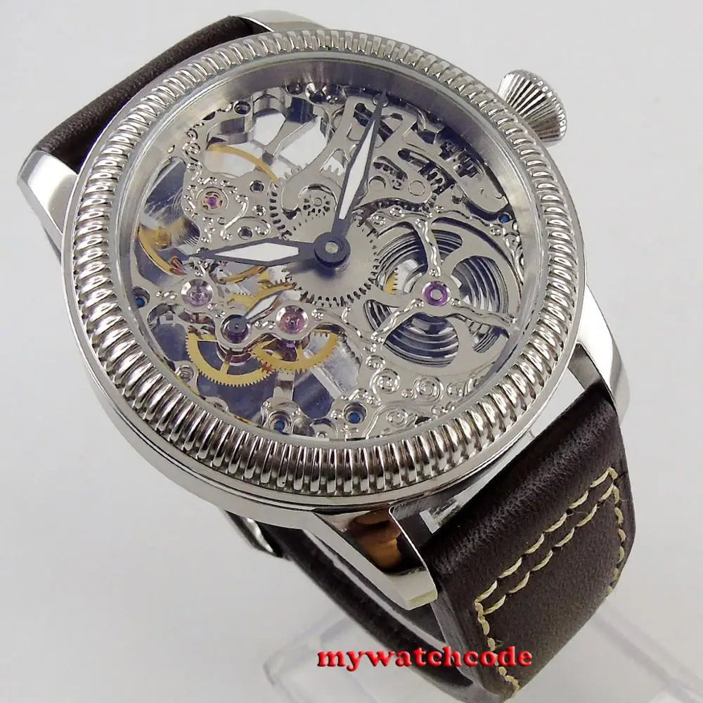 PARNIS Luxury 44mm Skeleton Hollow Dial Mechanical Hand Winding 6497