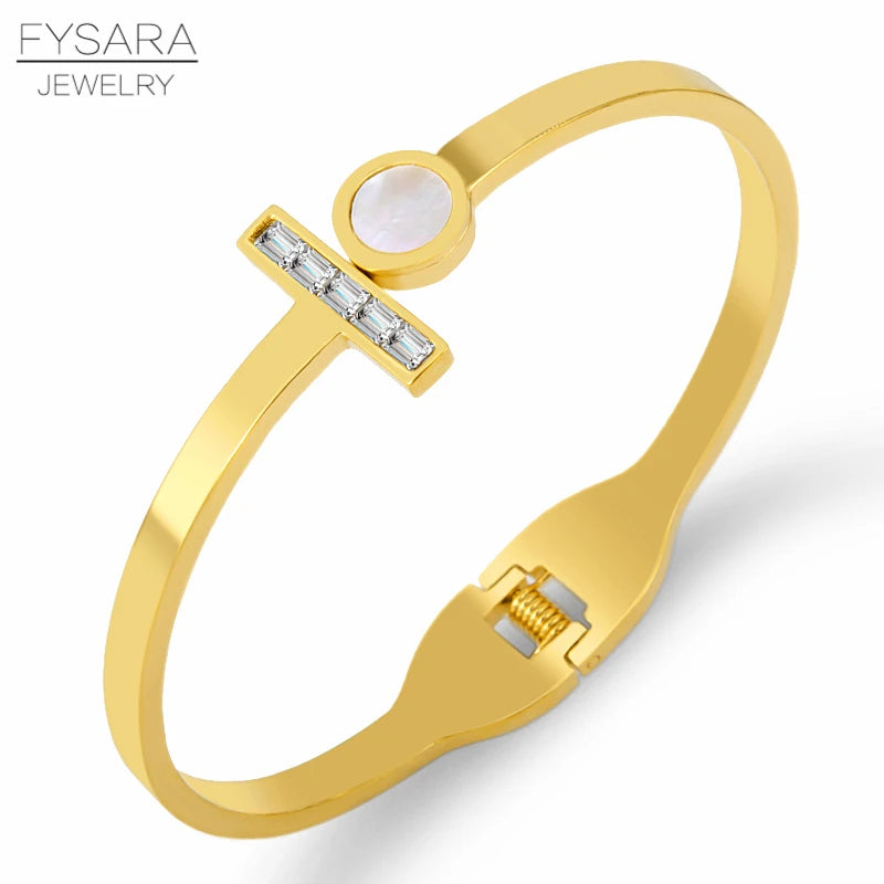 FYSARA Brand Zirconia Crystal Bangle Circle Shell For Woman Stainless