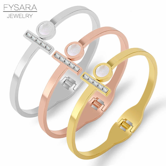 FYSARA Brand Zirconia Crystal Bangle Circle Shell For Woman Stainless