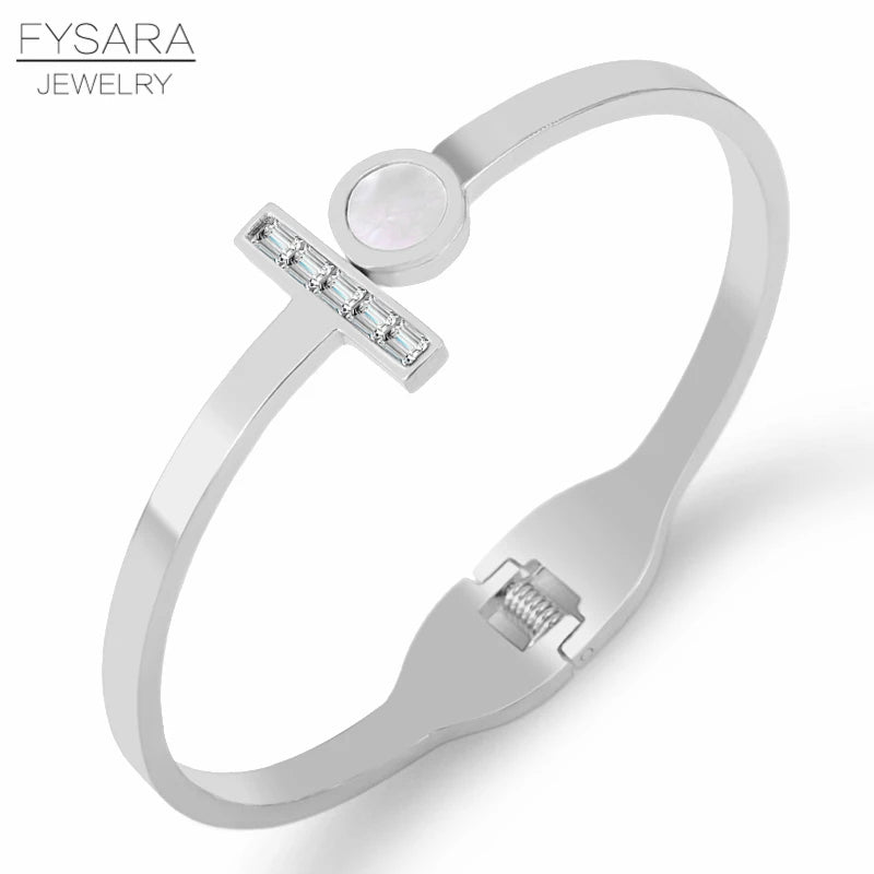 FYSARA Brand Zirconia Crystal Bangle Circle Shell For Woman Stainless