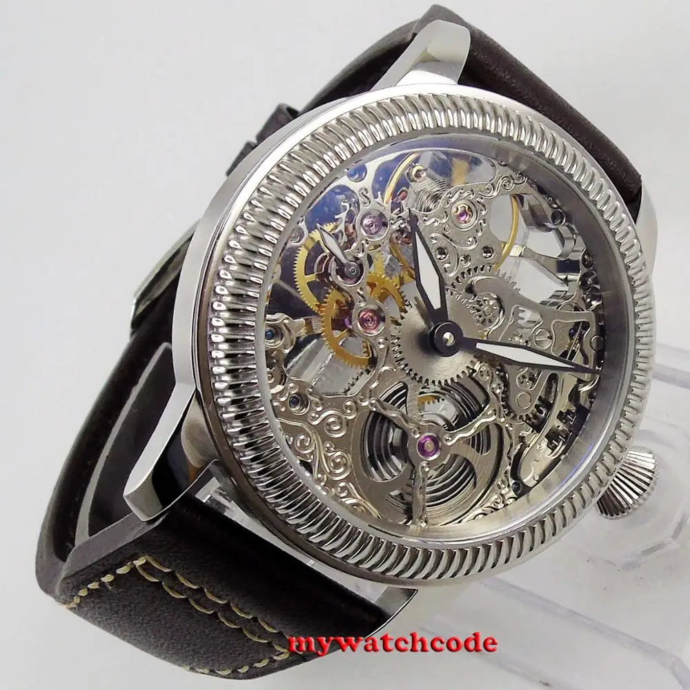 PARNIS Luxury 44mm Skeleton Hollow Dial Mechanical Hand Winding 6497