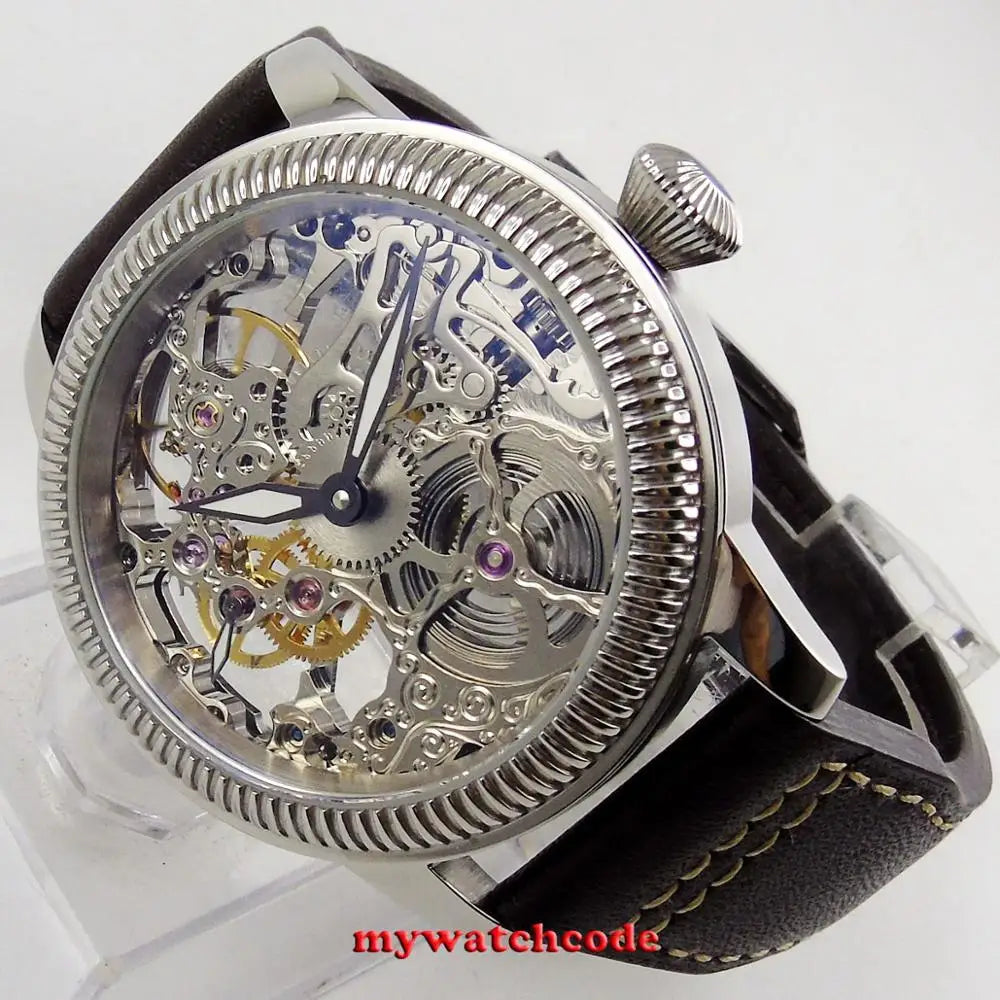 PARNIS Luxury 44mm Skeleton Hollow Dial Mechanical Hand Winding 6497