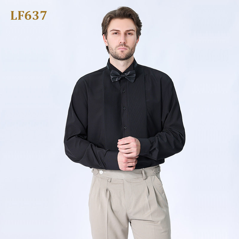 New Men's Dress French-style Inch Clothes Send Bow Tie Men's Long Solid Color Shirt Swallow Collar Dress Best Man Plus Size Shirt