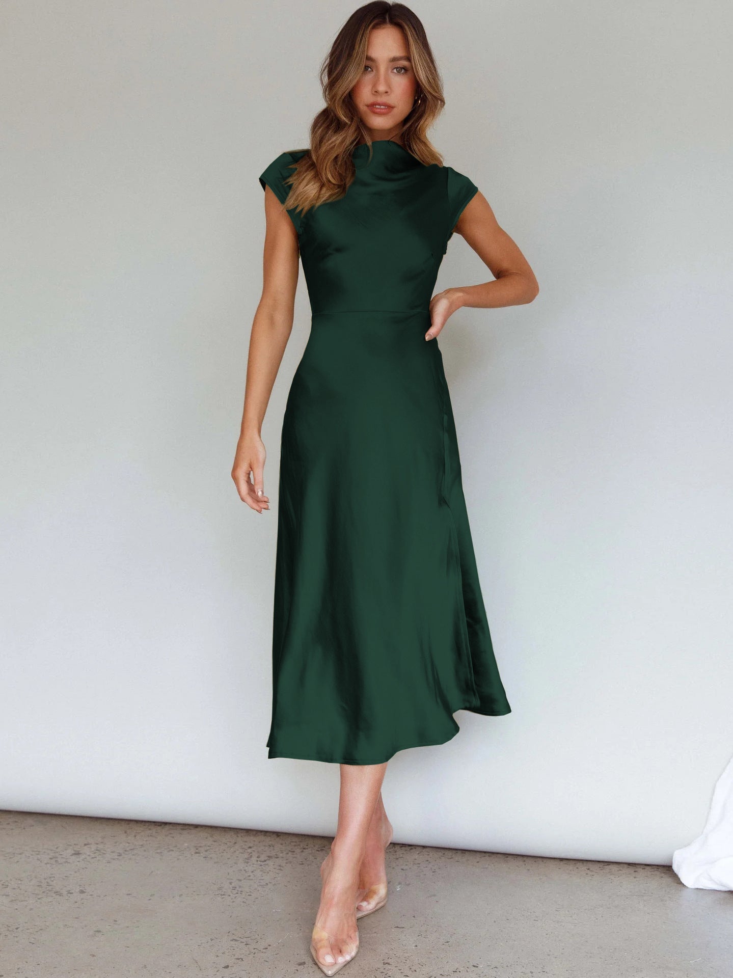 Cross-border European And American Summer Explosions Backless Evening Dress Celebrity Wedding Bridesmaid Dress Satin Split Dress High Waist Women