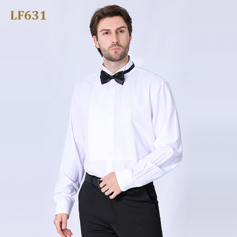 New Men's Dress French-style Inch Clothes Send Bow Tie Men's Long Solid Color Shirt Swallow Collar Dress Best Man Plus Size Shirt