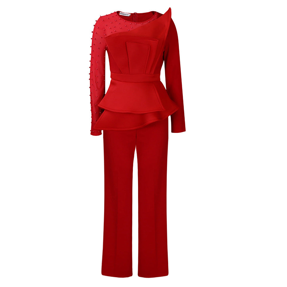 AB10ATE D439 Independent Station 2023 New Long Sleeve Elegant Mesh Stitching Bead Slim Banquet Plus Size Foreign Trade Jumpsuit