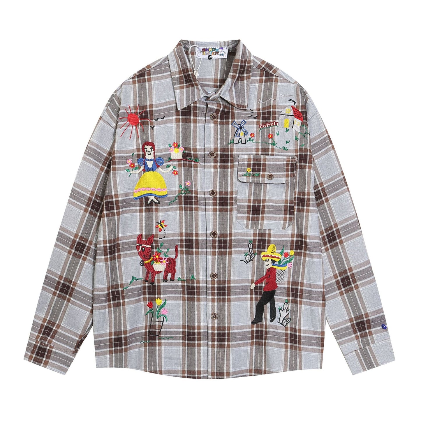 Fun Cartoon Embroidered Plaid Long-sleeved Shirt For Men And Women Autumn Niche Design All-match Shirt