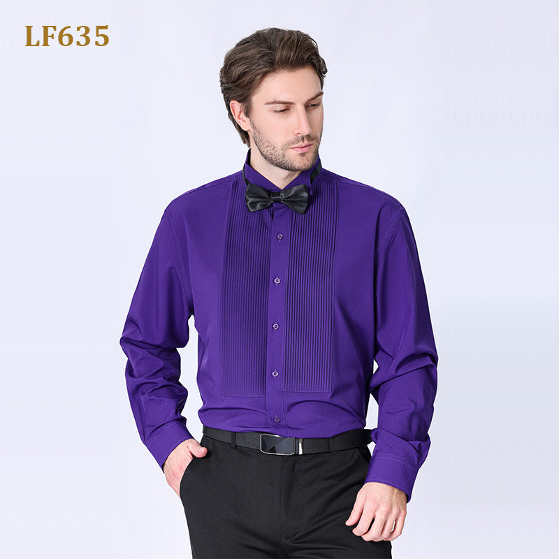 New Men's Dress French-style Inch Clothes Send Bow Tie Men's Long Solid Color Shirt Swallow Collar Dress Best Man Plus Size Shirt