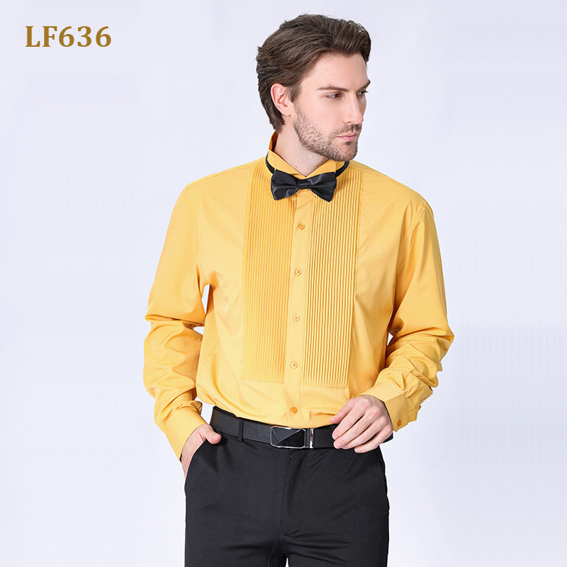 New Men's Dress French-style Inch Clothes Send Bow Tie Men's Long Solid Color Shirt Swallow Collar Dress Best Man Plus Size Shirt