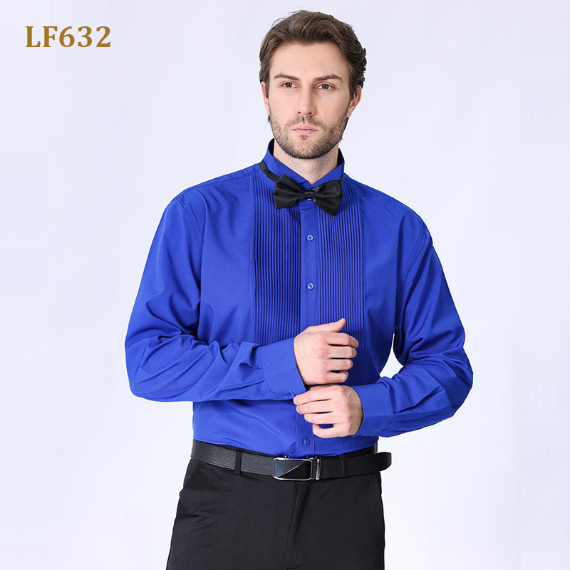 New Men's Dress French-style Inch Clothes Send Bow Tie Men's Long Solid Color Shirt Swallow Collar Dress Best Man Plus Size Shirt