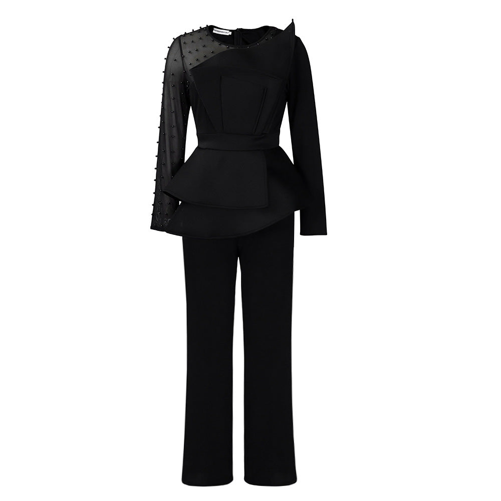 AB10ATE D439 Independent Station 2023 New Long Sleeve Elegant Mesh Stitching Bead Slim Banquet Plus Size Foreign Trade Jumpsuit