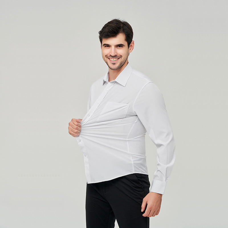 Spring And Autumn Men's Shirt Plus Size Long Sleeve Business Casual Elastic Loose Solid Color Elastic Men's Shirt Men's Top White