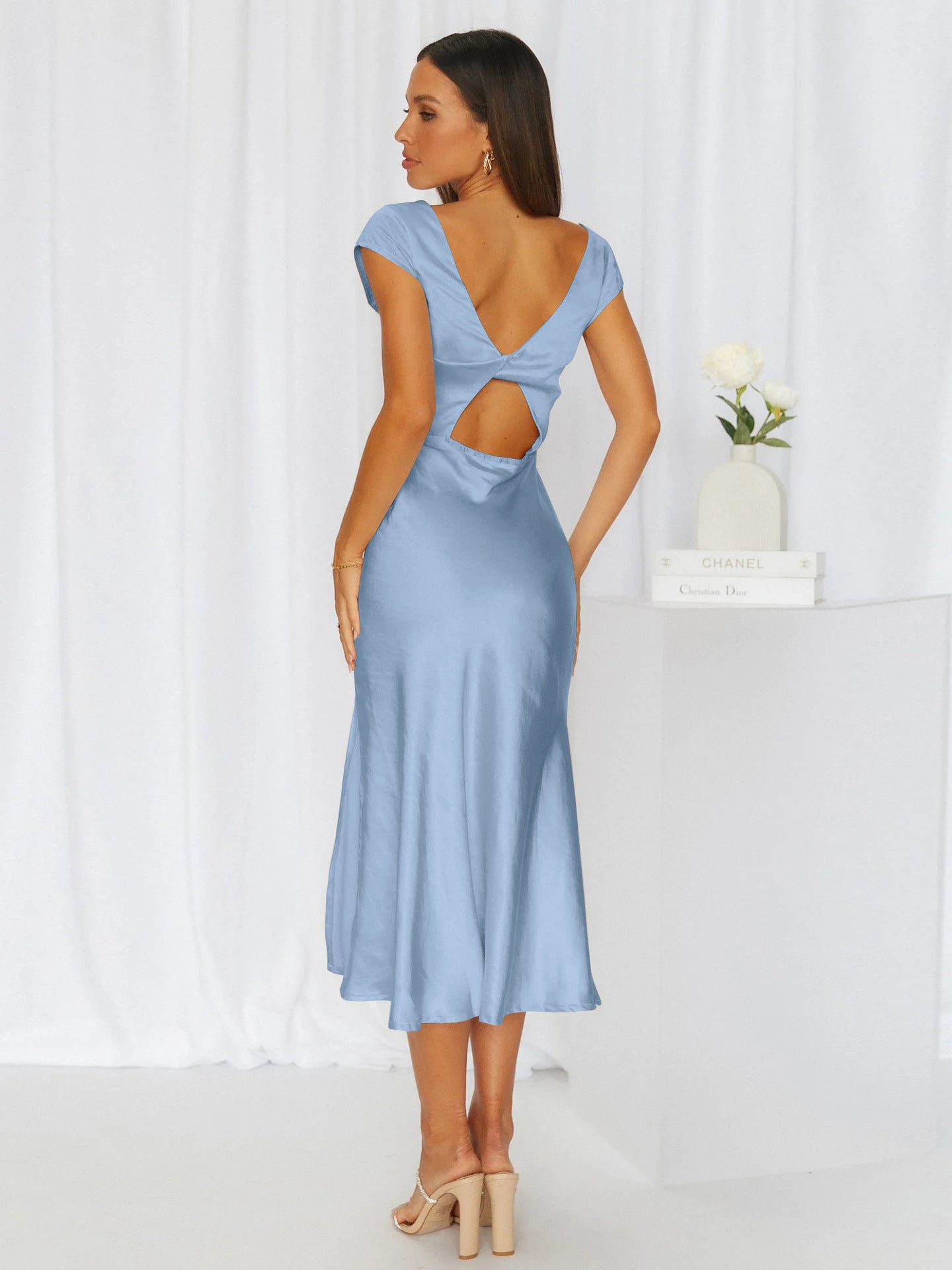 Cross-border European And American Summer Explosions Backless Evening Dress Celebrity Wedding Bridesmaid Dress Satin Split Dress High Waist Women