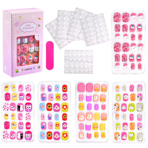 5*24Pcs=120Pcs Christmas Children Cartoon Nail Tips Colorful Cute Girl