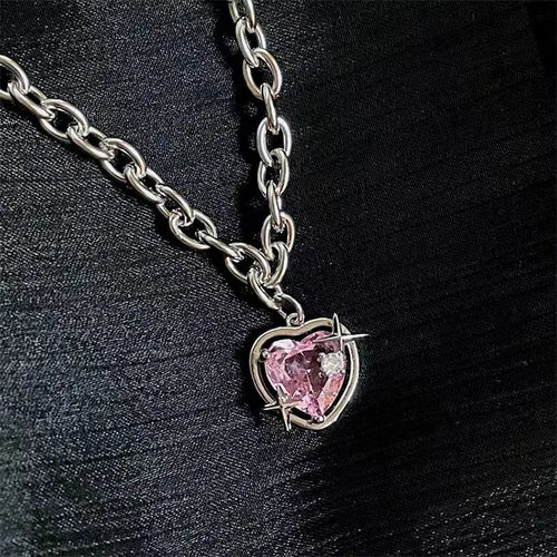 Y2k Purple Crystal Heart Pendant Necklack Zircon Star Choker Fashion