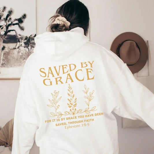 Christian Bible Verse Hoodie Faith SAVED BY GRACE Lette Slogan Print