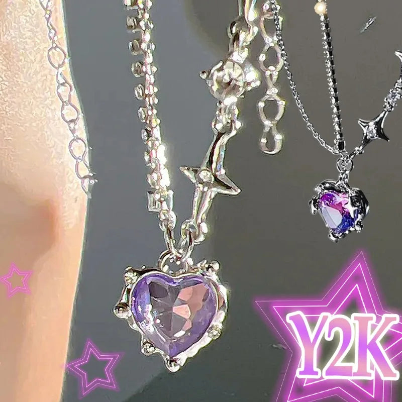 Y2k Purple Crystal Heart Pendant Necklack Zircon Star Choker Fashion