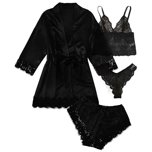 4 Pieces Woman Sleepwear Pajamas Ser With Robe Sexy Lace Lingerie