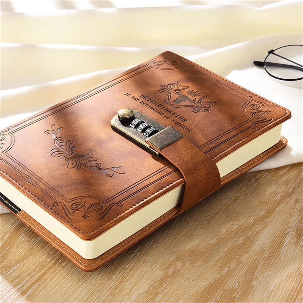 A5 Leather Retro Password Notebook With Lock Journals Thicken Hand