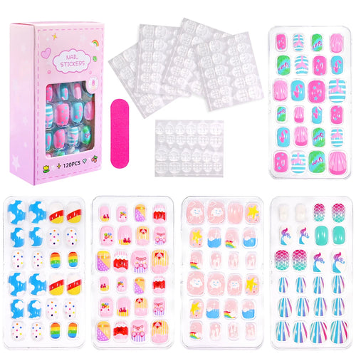 5*24Pcs=120Pcs Christmas Children Cartoon Nail Tips Colorful Cute Girl