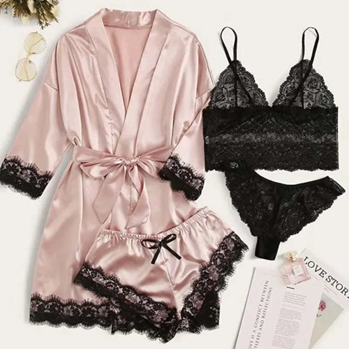 4 Pieces Woman Sleepwear Pajamas Ser With Robe Sexy Lace Lingerie